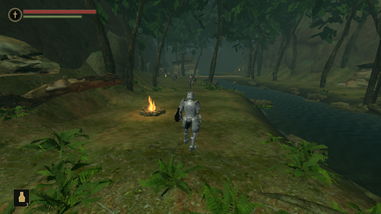 Ashen Valeの実際のゲーム画面。騎士が森の遺跡を探索するアクションゲーム