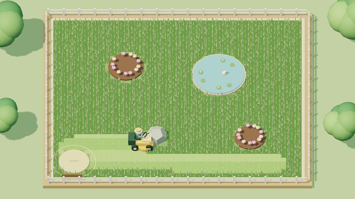 芝刈り機が庭に刈り跡を残すMEADOW SHIFTの実際のゲーム画面